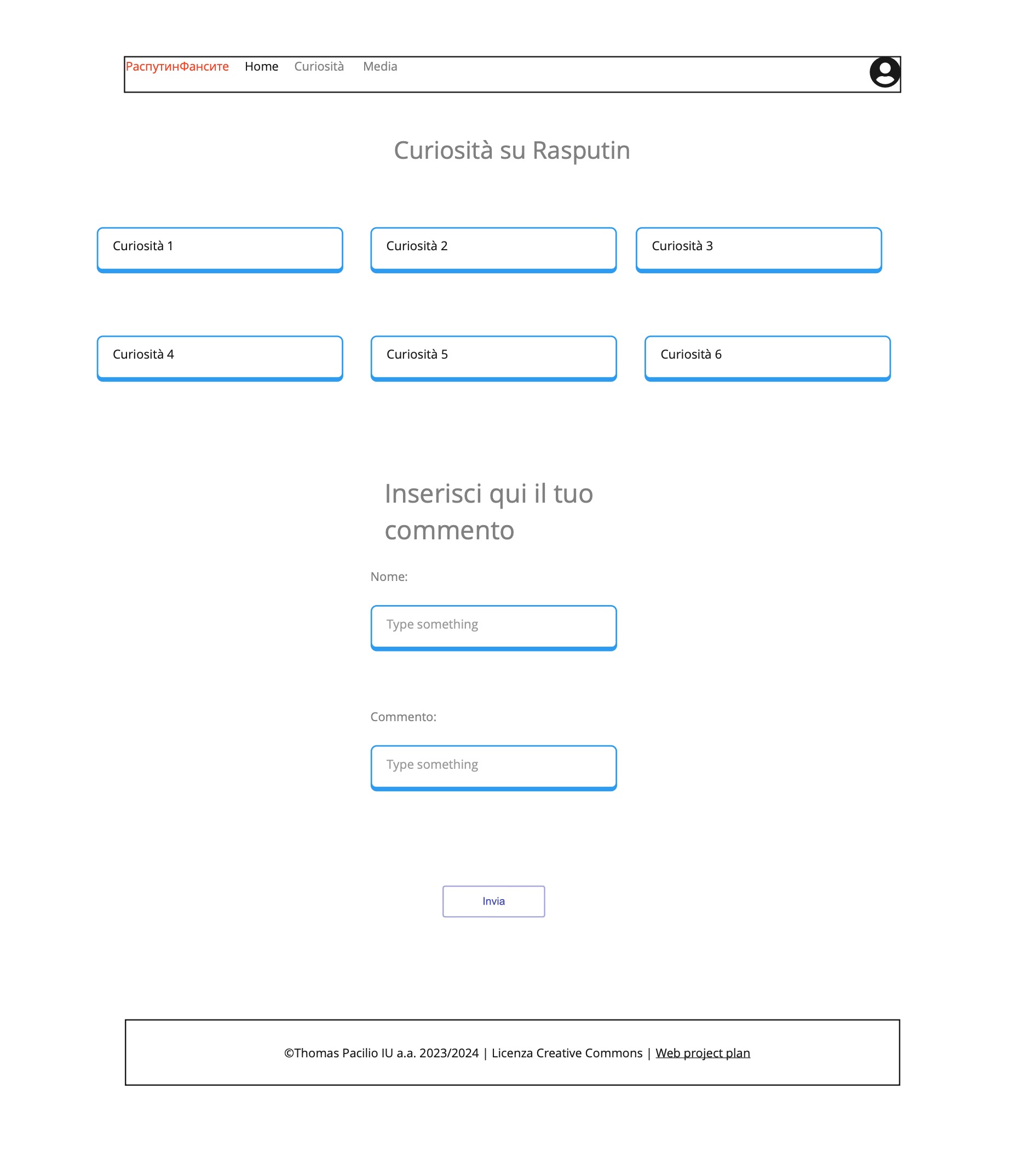 wireframe della pagina dei curiosita