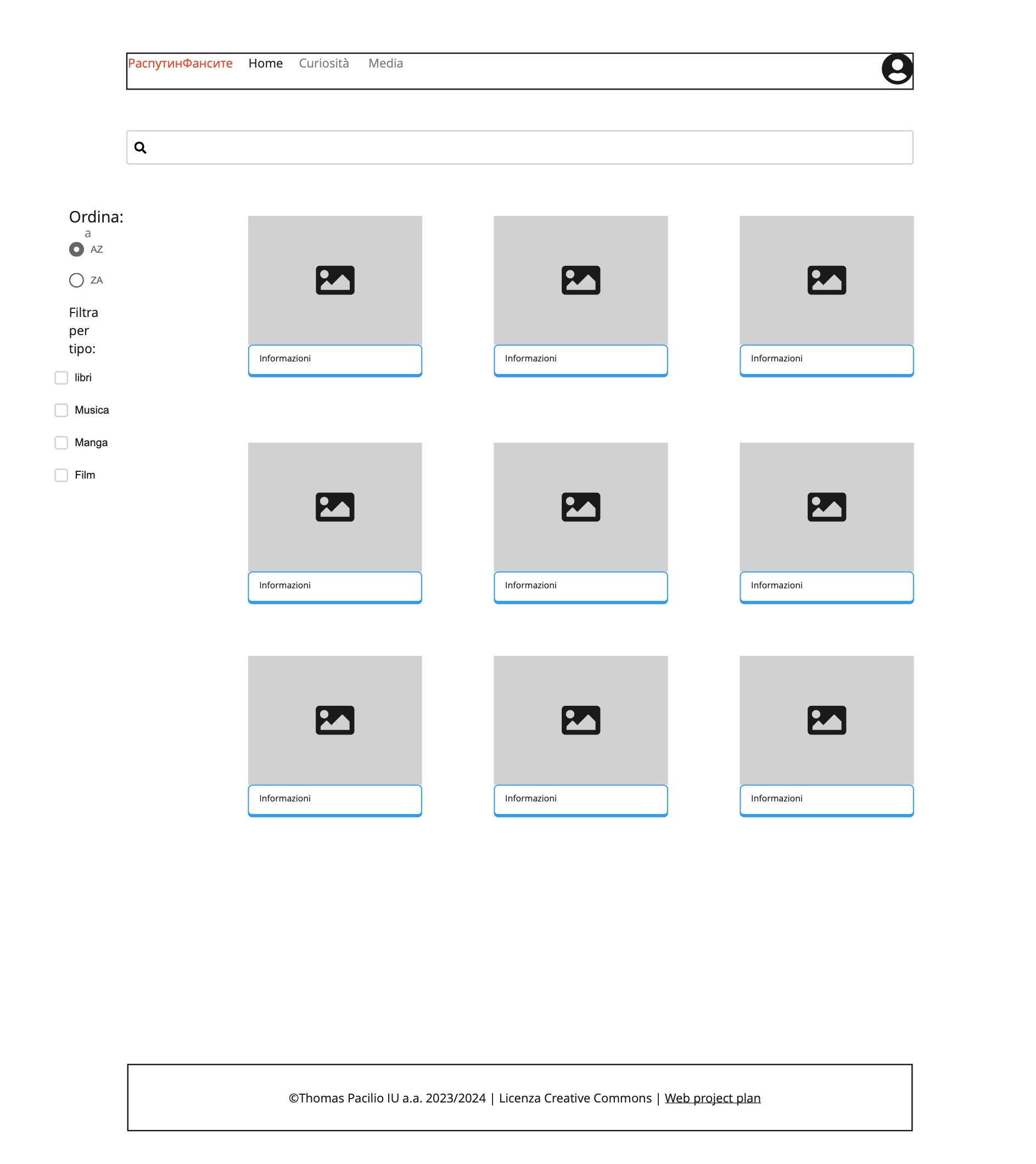 Wireframe della pagina dei media